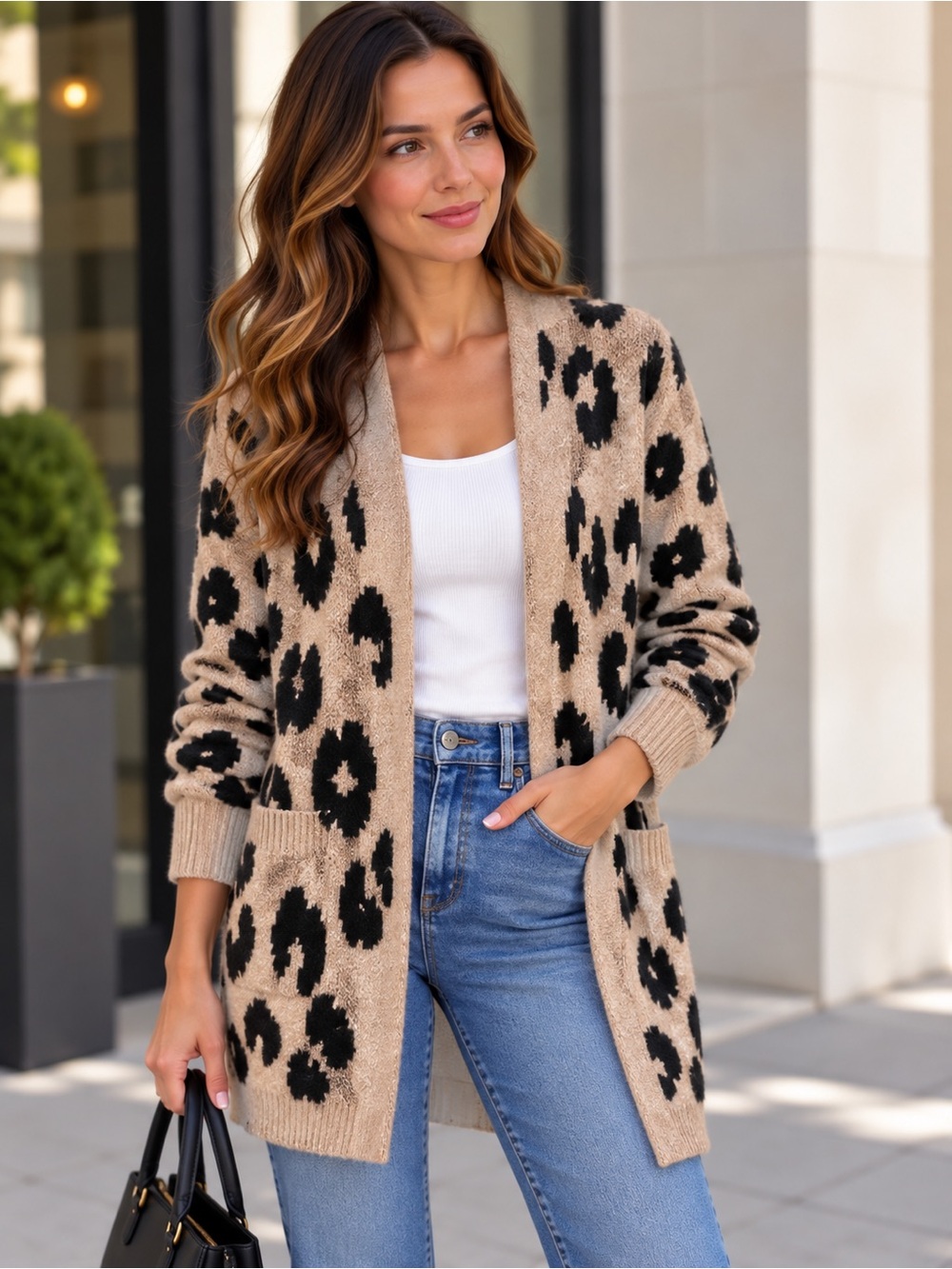 Amazon Leopard Print Open Cardigan Sweater - Beige and Black